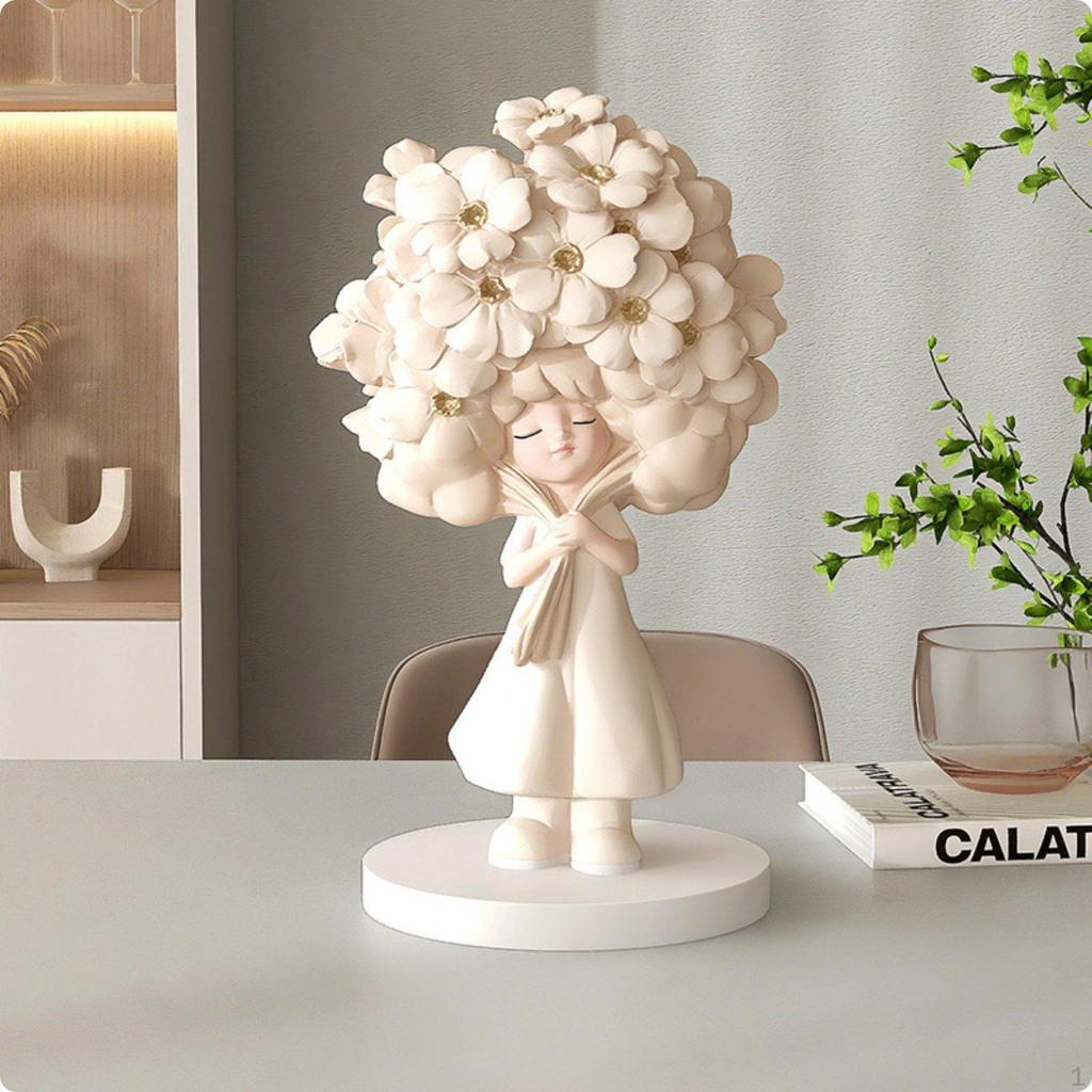 Cute Girl Figurine Gift Idea Floral Ornament Resin Material Shelf Sitter for TV