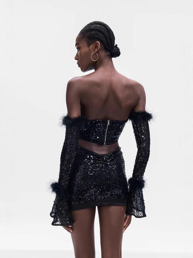 Plush Sequin Off-Shoulder Sexy Set: Long-Sleeve Top & Hip-Hugging Mini Skirt