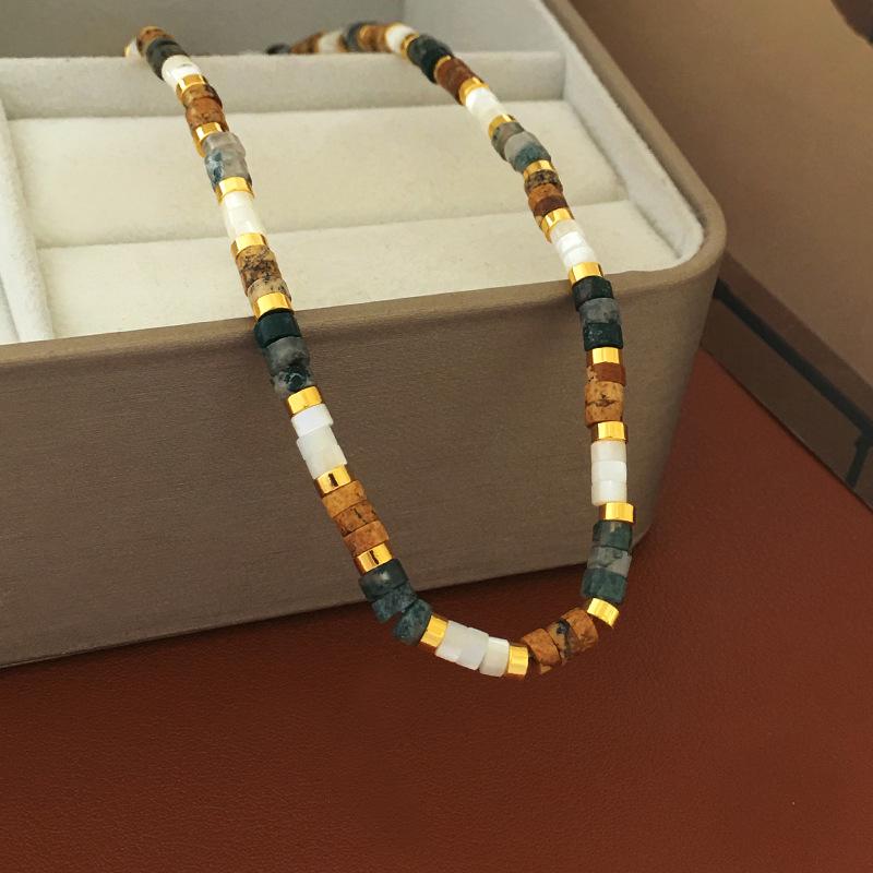 Chinese Retro Natural Stone Beaded Necklace & Light Luxury Bracelet Jewelry Set