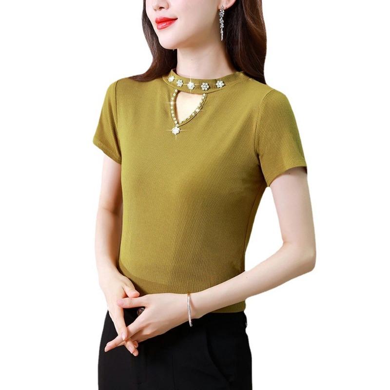 

Футболка с короткими рукавами, женская летняя рубашка, стильная утягивающая футболка с бисером и гвоздями, женская футболка с ажурным верхом 4XL жёлтый