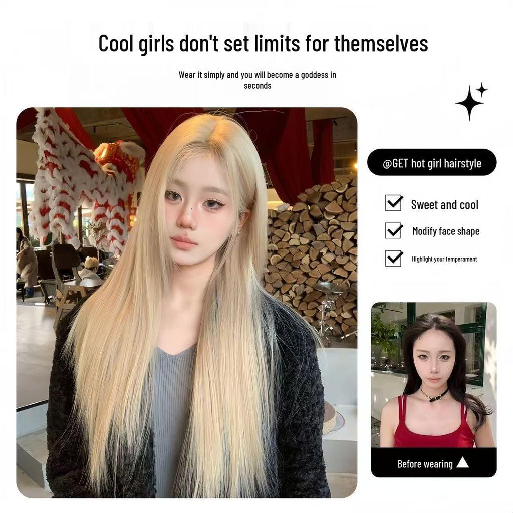 Spitzenfront-Perücke im koreanischen Stil für Damen - Milchtee-Reisgrau, Lang, Gerade, Modisch, Gesichtsformend, Mittelscheitel.