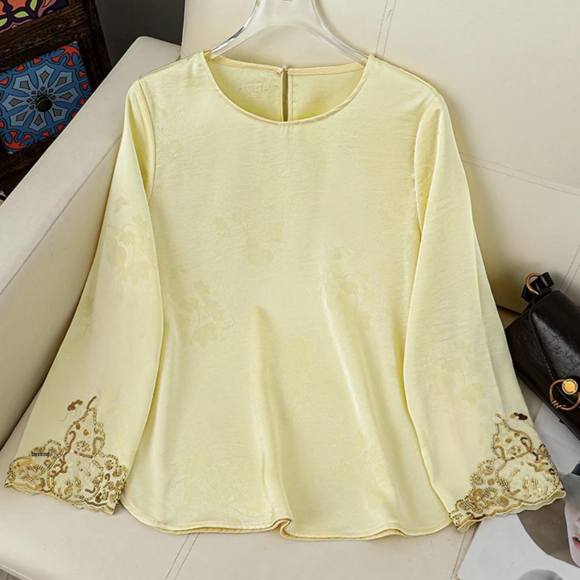 

2026 Spring Chinese Style Embroidered Top with Handmade Beaded Frog Buttons XL for 90-110 kg світло-жовтого кольору