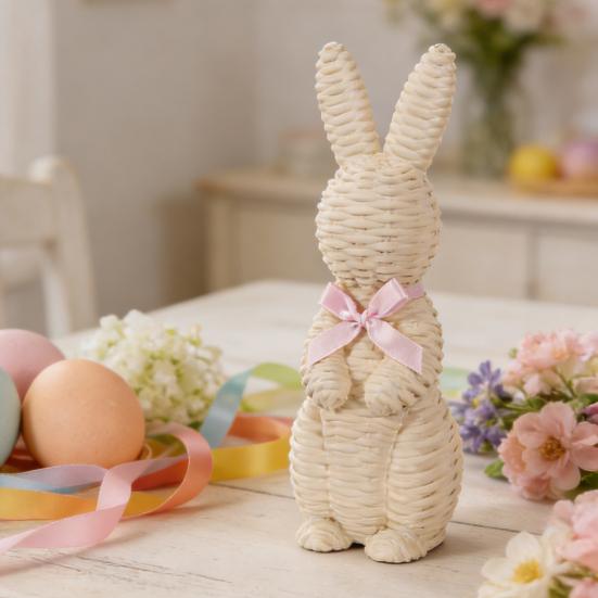 Rattan Effect Resin Easter Bunny Figurine Wicker Rabbit Statue with Bow for Spring Table Centerpiece Indoor Outdoor Patio Yard Farmhouse Home Decor