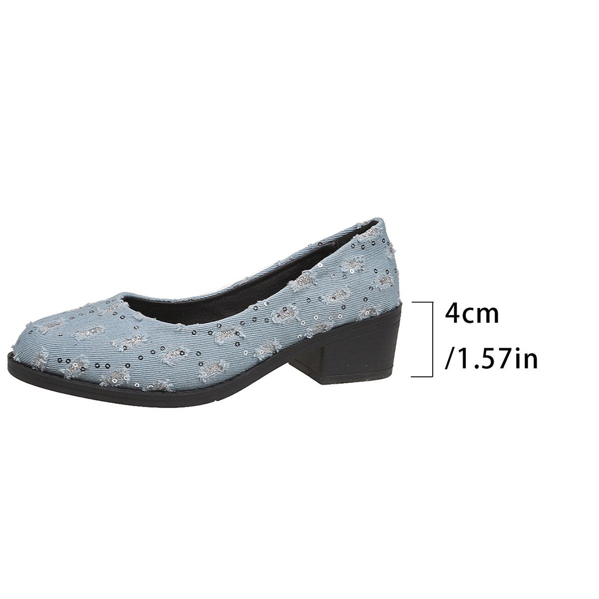 

2025 spring and autumn cloth shoes European and American round head thick heel casual sequins large size foreign trade single shoes women 43 синій