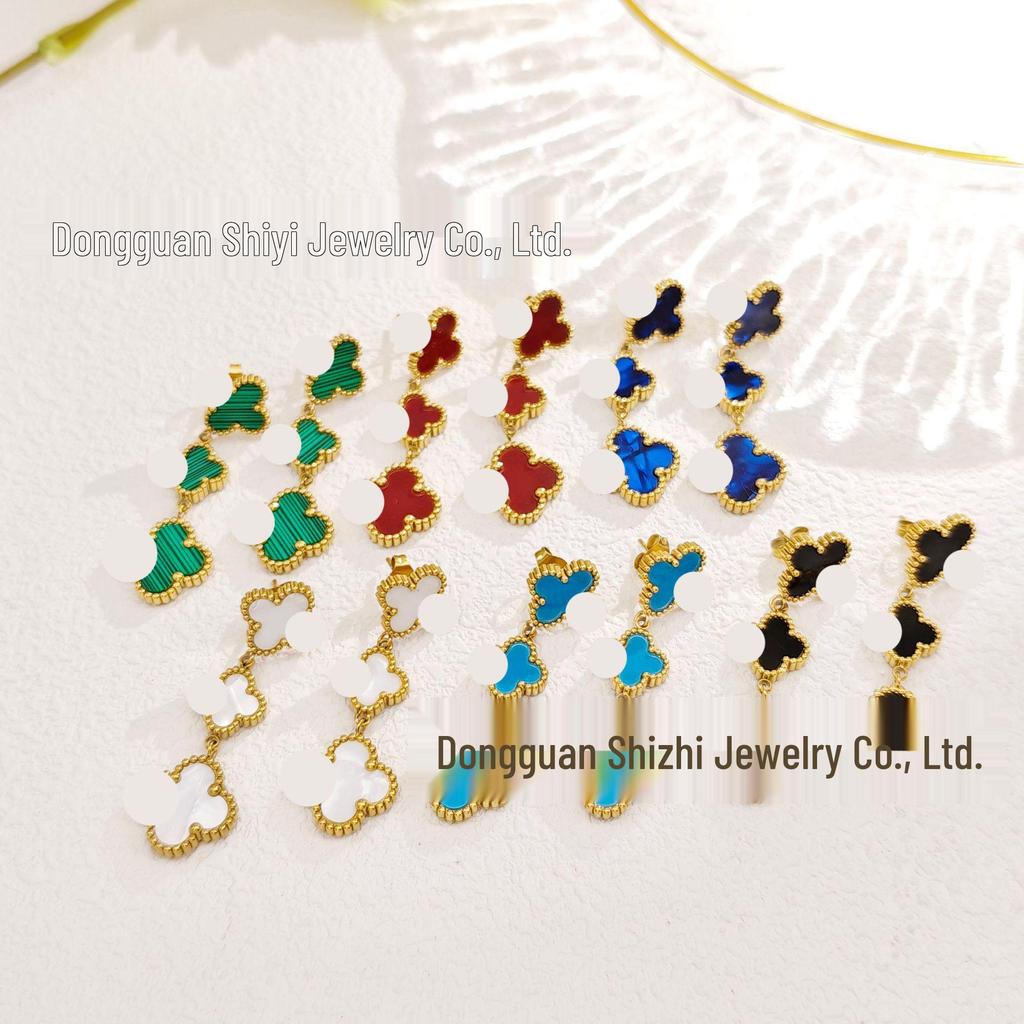 High-End Four-Leaf Clover Tassel Stud Earrings - Stainless Steel, Light Luxury Design