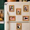 Vintage Gallery Wall Frames Funny Wooden Fridge Magnets Frame, Retro Cute Cat Pattern Magnetic Refrigerator Brown Imitation Wood Locker Magnet