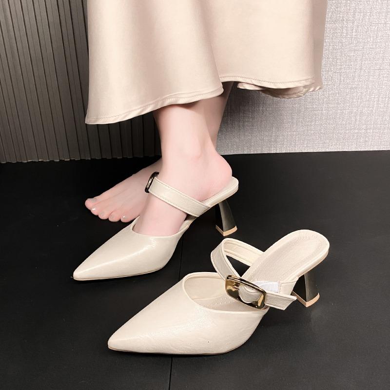 Fashion High Heel Slippers Summer New Sharp Head Shallow Mouth Metal Buckle Set Foot Anti-slip Wear-resistant Heel Shoes
