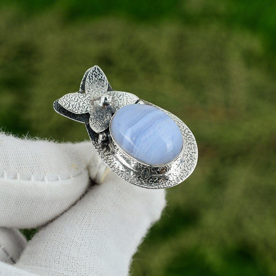 Natural Blue Lace Agate Gemstone Promise Adjustable Ring 925 Sterling Silver Adjustable