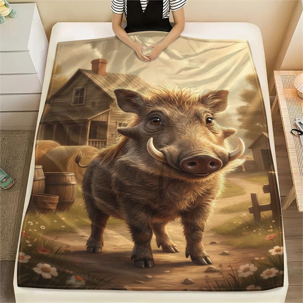 1PC Warthog Print FlAannel Blanket, High quality Comfortable for All Seasons, Home Decor, Warmth and Comfort