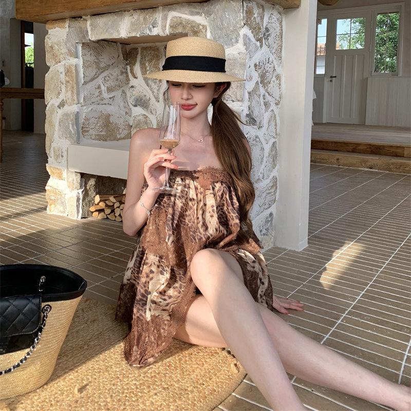 New French lace splicing halter suspender ruffle edge dress women's summer seaside vacation beach skirt