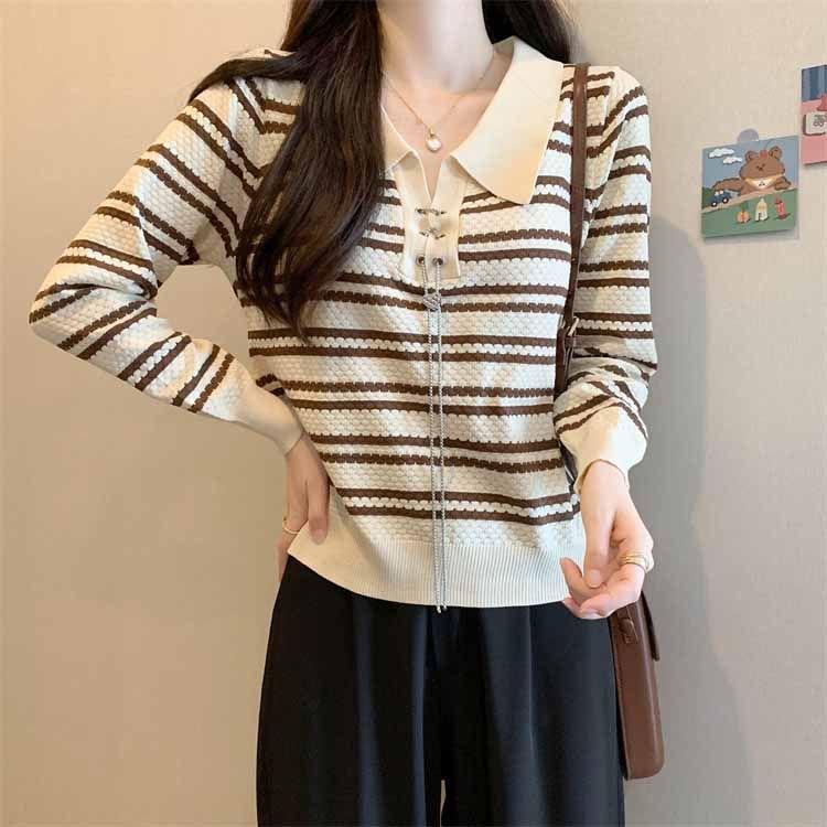 POLO Collar Chain Long Sleeved Striped Knitted Sweater Women's Autumn Outfit New Slim Fit Short Top Base Shirt Women's Clothing
