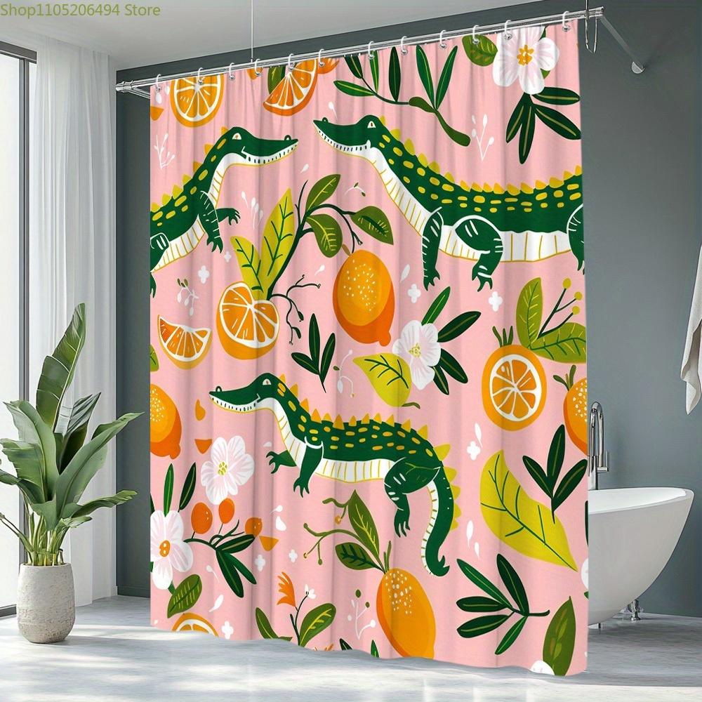 1pc Polyester Crocodile Orange Floral Shower Curtain with Creative and Vibrant Pattern, Includes 12 Hooks, Bathtub Partition H