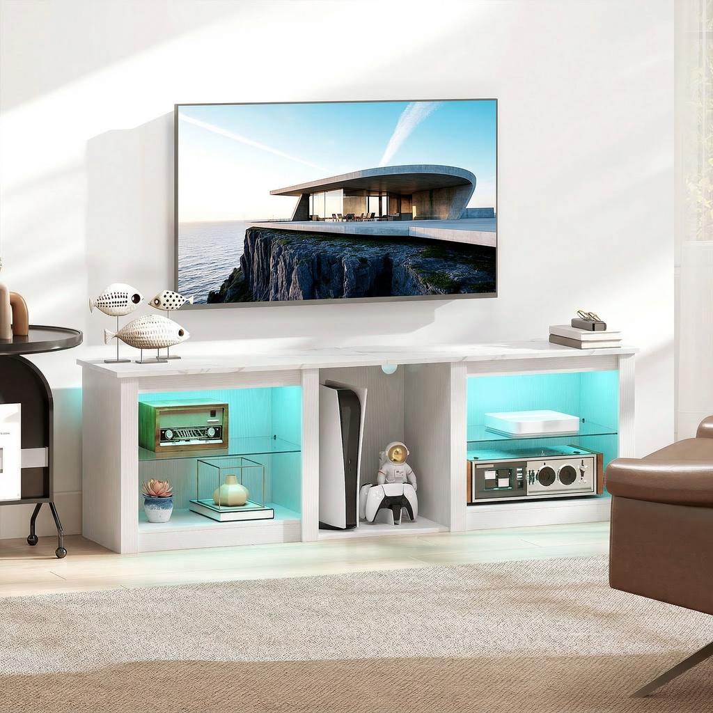 TV stand with LED lighting for televisions up to 70 inches, 160cm with adjustable glass shelves, white