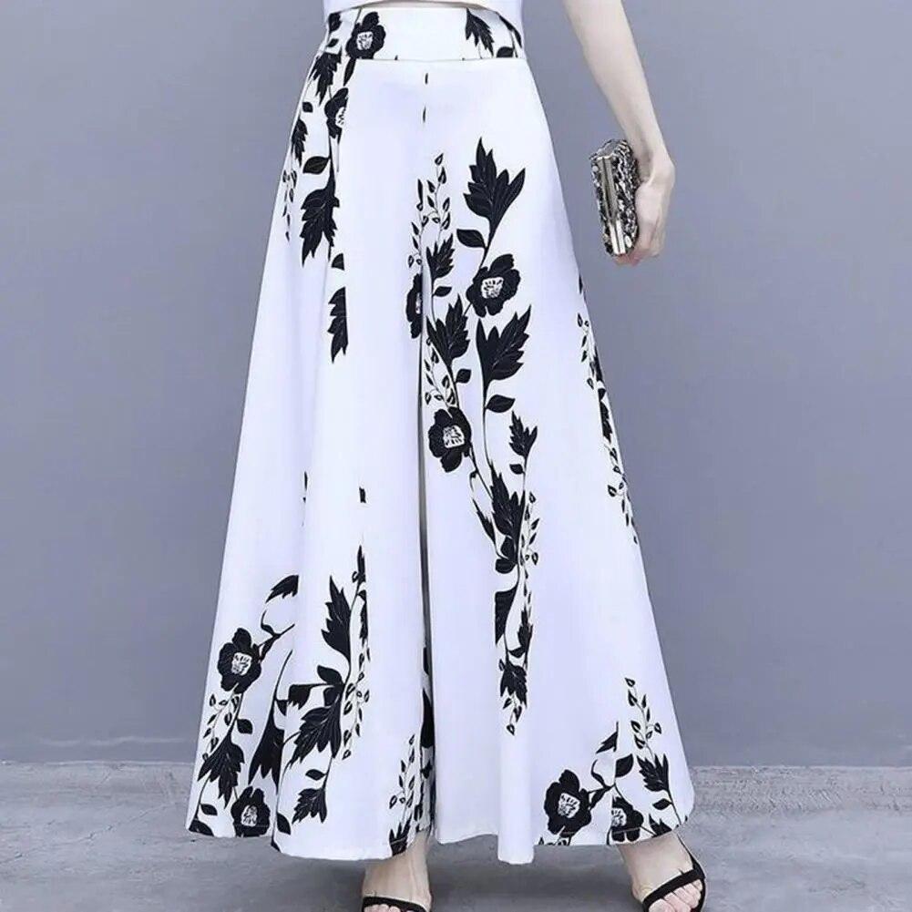 Pantaloni lungi de vară de damă Fusta culoare contrastantă Imprimare cu flori cu talie înaltă slăbire Pantaloni de dimensiuni mari Fusta Haine de zi cu zi
