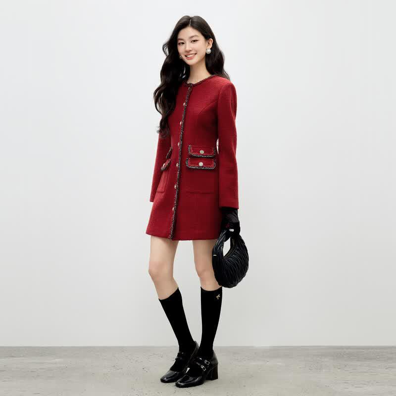 Elegant Contrast Trim Little Xiang Style Red Dress