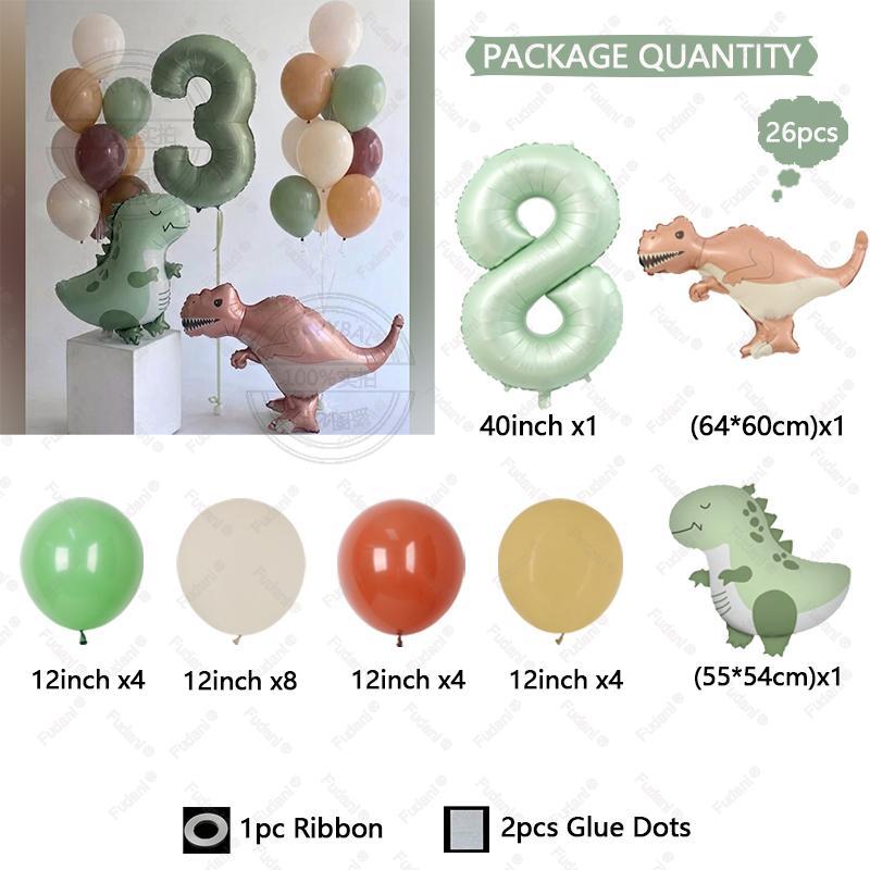 26pcs Tyrannosaurus Rex Cute Dinosaur Balloon Olive Green Number 1-9 Balloon Set Jurassic Theme Birthday Party Decoration