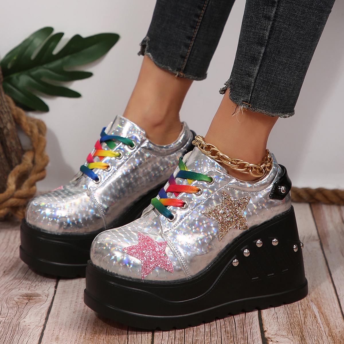 

Women Shoes Platform Sneakers Rivet Star Popular Luxry Heels Skateboard Lace Up Casual Fashion Outdoor Sneakers Plus Size 35-42 42 серебряный