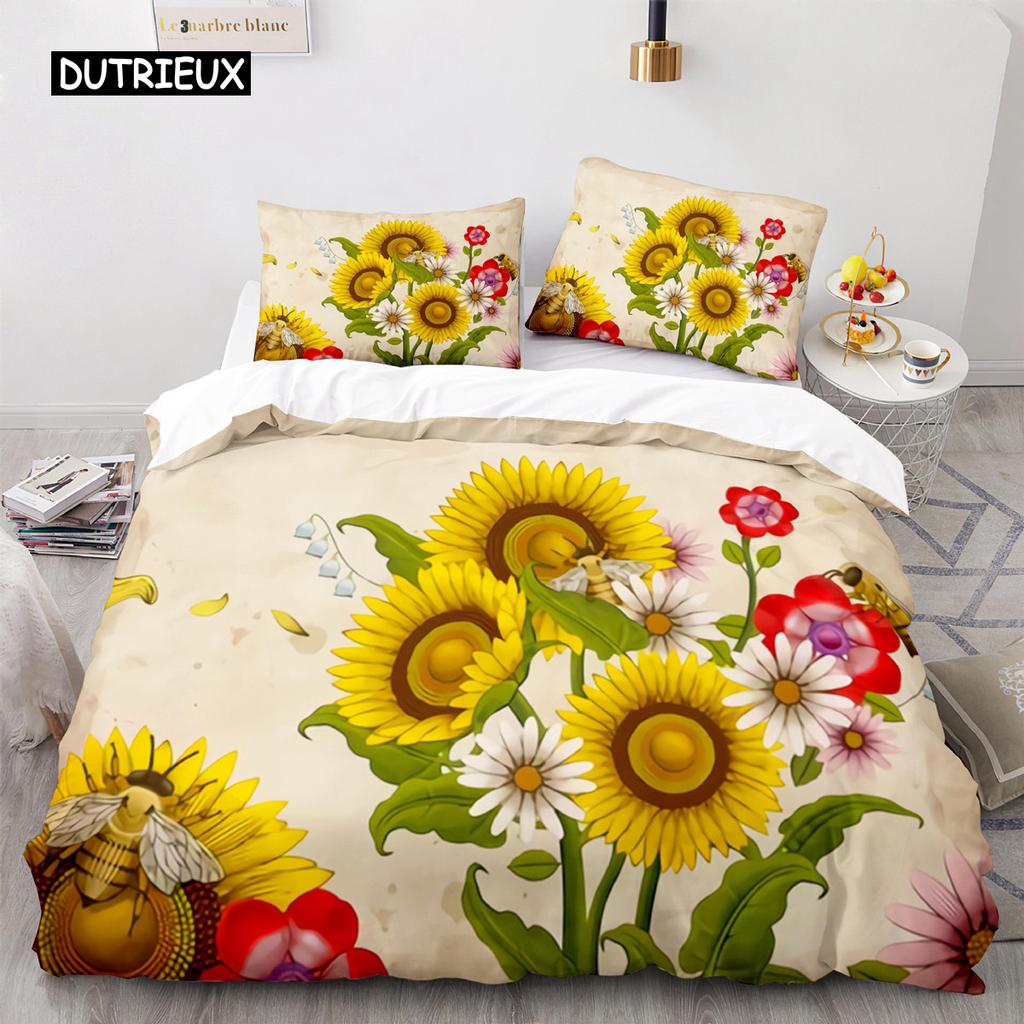 Bienen Bettbezug Set Queen Mikrofaser Floral Bettwäsche Set für Teenager Mädchen Frühling Frisches und Natürliches Thema 2/3 Teile Bettdeckenbezug