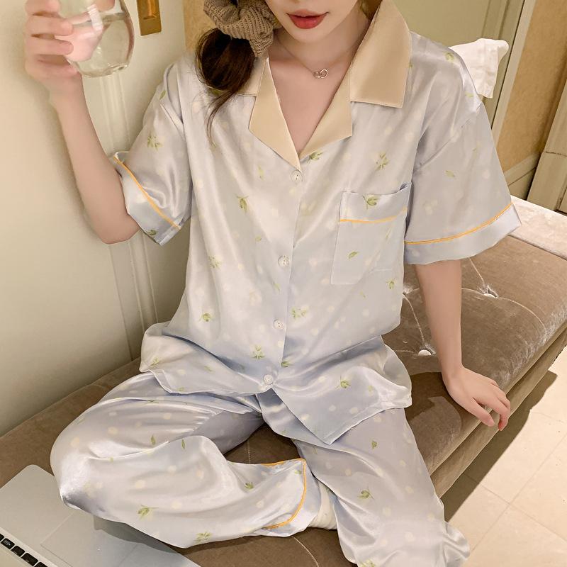 Lapel Floral Printing Ice Silk Pajamas Women'S Summer Light Luxury Loungewear Short Sleeves Can Be Worn Outside