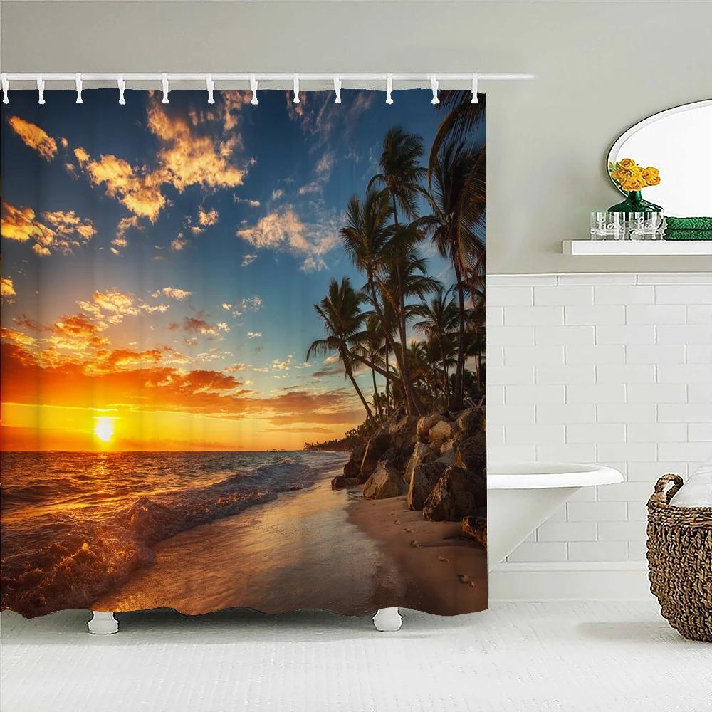 Seaside Scenery 3d Printed  Polyester Shower Curtain Wooden Bridge Nature Fabric Waterproof Bathroom Curtain for Bathtub 180x180