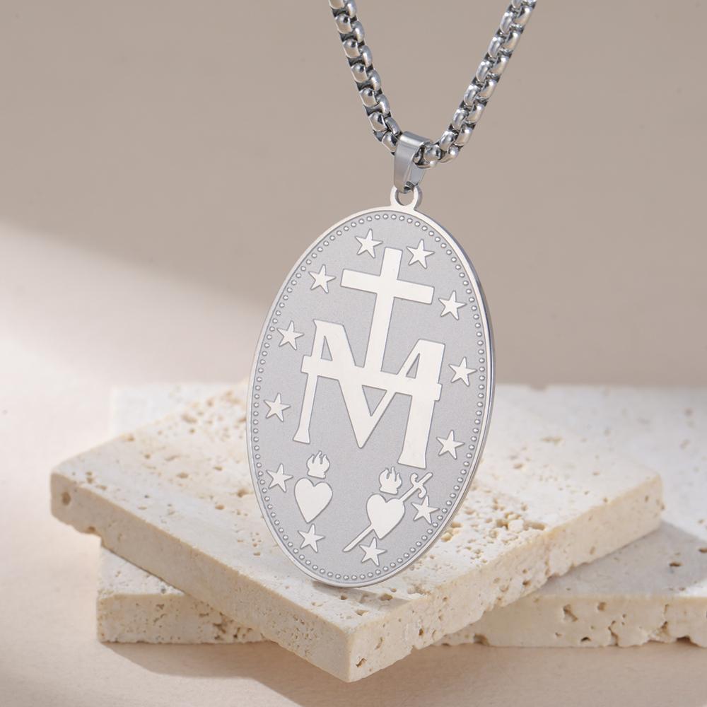 Dawapara Religious Virgin Mary Double Sided Carved Necklace Catholic Mother of God Pendant Stainless Steel Jewelry