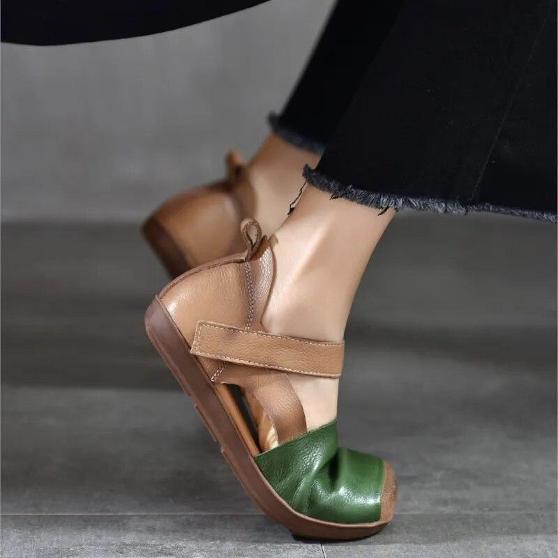 Johnature Retro Genuine Leather Sandals For Women's Mixed Colors Square Toe Soft Sole Flat Shoes