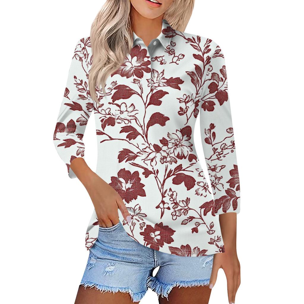 Women's Fashion Casual Button 3/4 Sleeve Vintage Floral Print Lapel Top