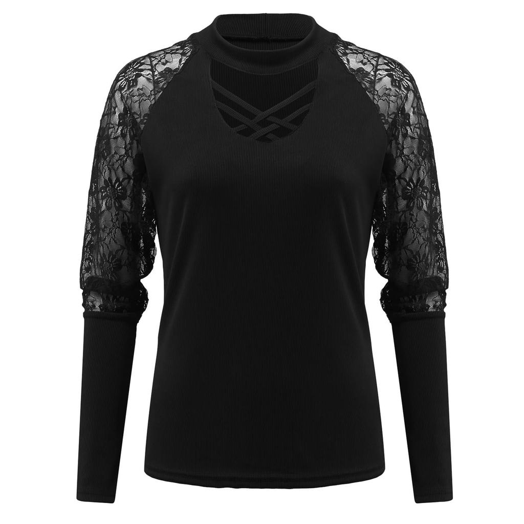 Fashion Womens Color Lace Sexy Casual V-Neck Long Sleeve Top