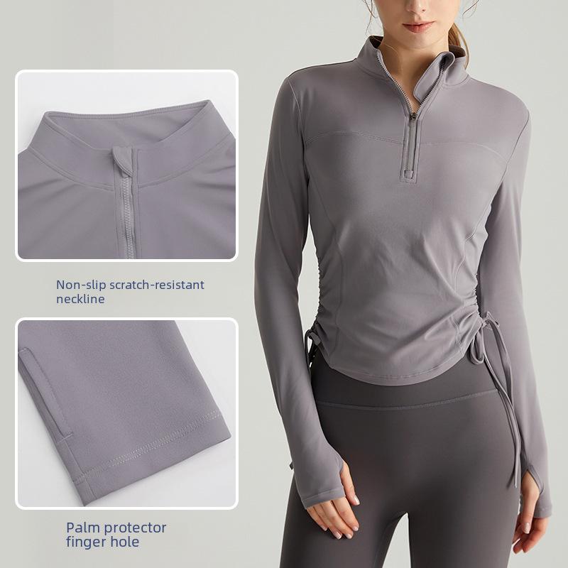 Chuandun Top da Yoga Slim a Maniche Lunghe da Donna Autunno Inverno con Collo Alto Mezza Zip e Pieghe Coulisse