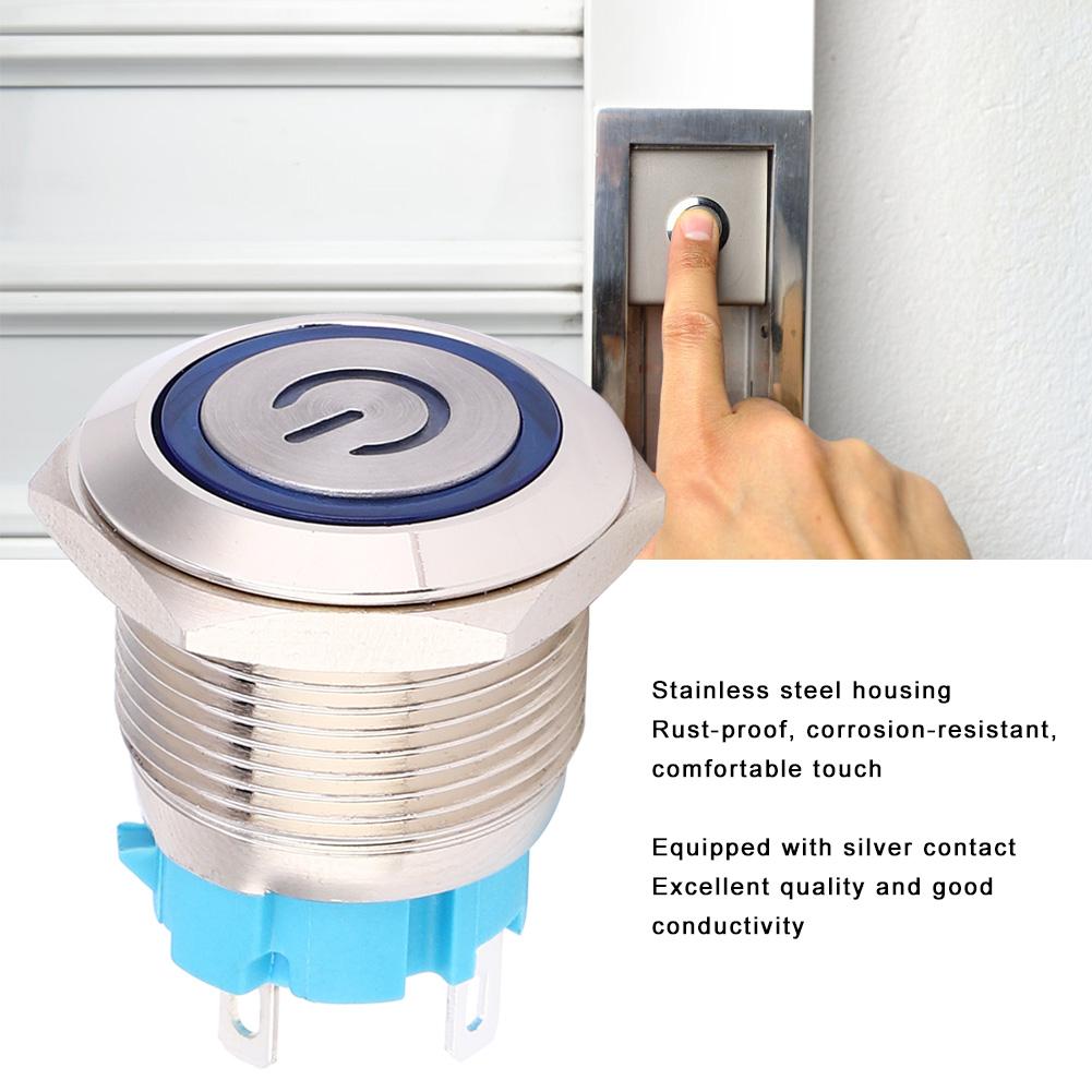 2pcs 12 24VDC 16mm Round 4PIN 1NO Push Button Switch Self Reset Switch with Light Power PatternBlue