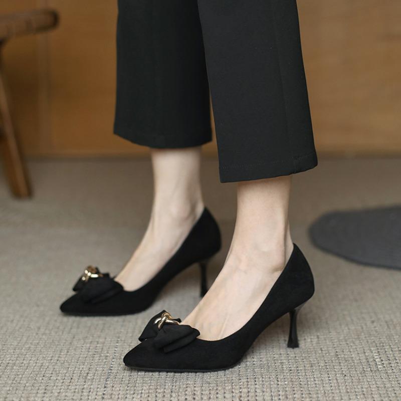 Fashion Fashionable Bow Metal Buckle High Heels 2024 Spring New Thin Heel Shallow Notch Pointed Simple Women's Single Shoe Versatile