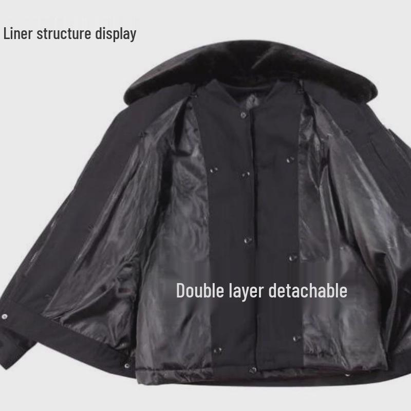 Zimowy mundur służbowy ochrony: Pogrubiony Zestaw Bawełnianej Kurtki i Płaszcza na Ciepło i Ochronę przed Zimnem.