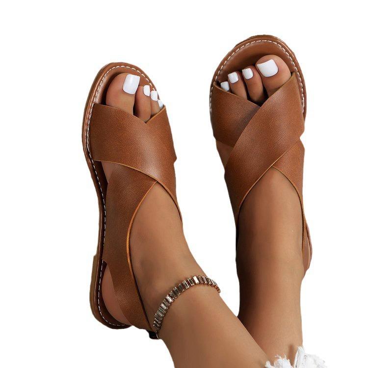 New Women's Shoes Cross-strap Flat Sandals Women's Retro Style Broadband Strip Open-toed Beach Cool Slippers