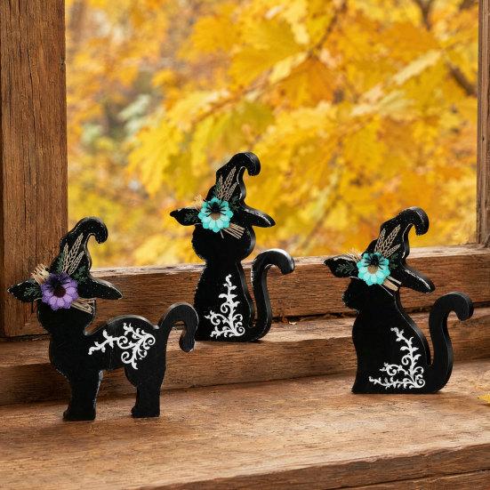 Witch Hat Table Decorations 3Pcs Halloween Decoration, Black Cat Ghost Decor, Figurines Rustic Farmhouse Wooden Centerpieces for Home Office