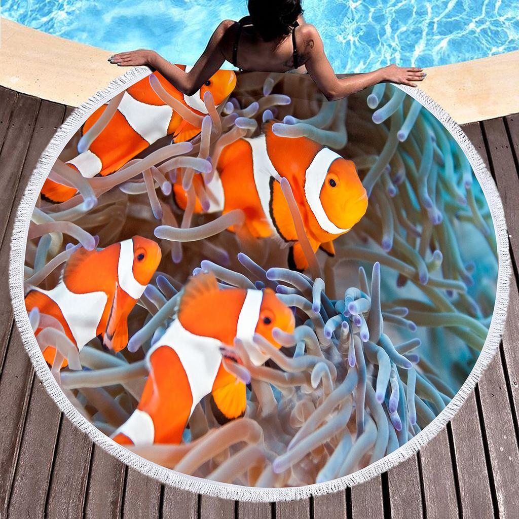 Fish Print Round Beach Towels Soft Microfiber Ocean Animal Print Beach Blanket Quick Dry Pool Towel Picnic Mat For Teens Adults