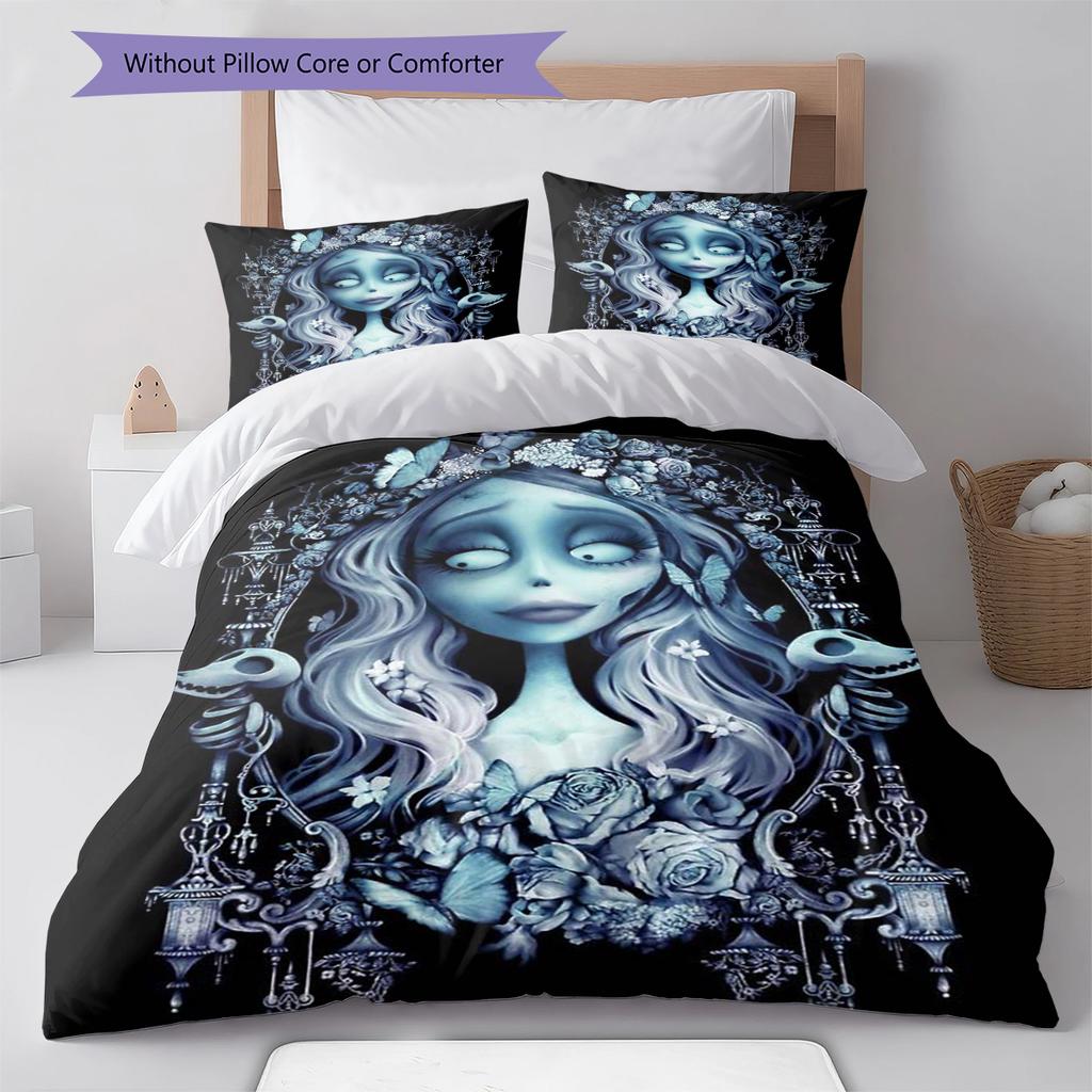 Corpse Bride Cartoon Pattern Bedding Quilt Set Quilt Cover Pillowcase Home Decoration Gift (1 * Duvet Cover + 2 * Pillowcase, Without Core)