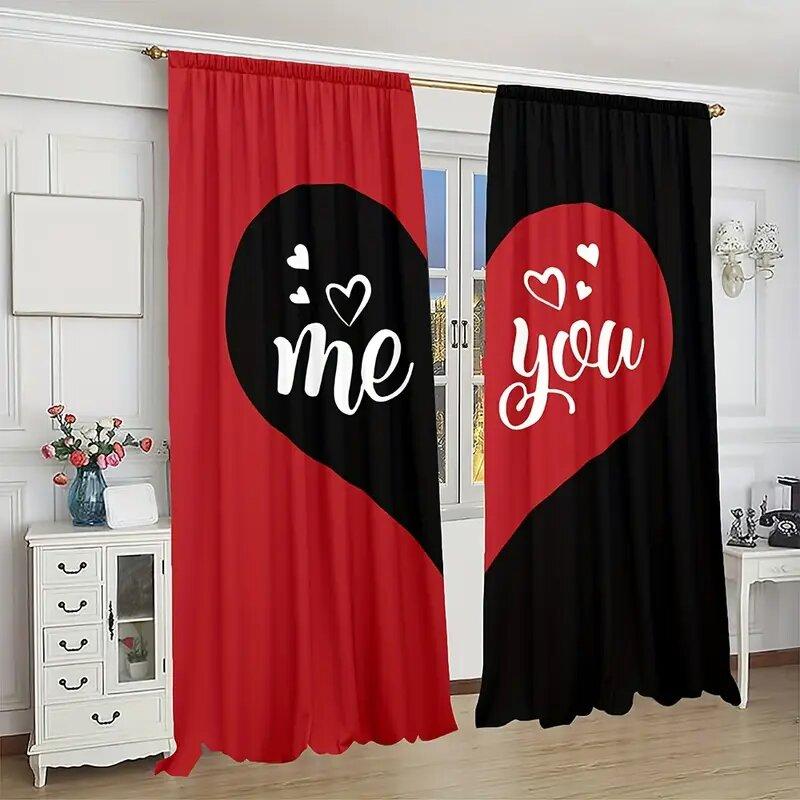 Valentine Day Black Red Heart Shaped Pattern Printed Curtains Window Decorations Home Room Made Of Polyester