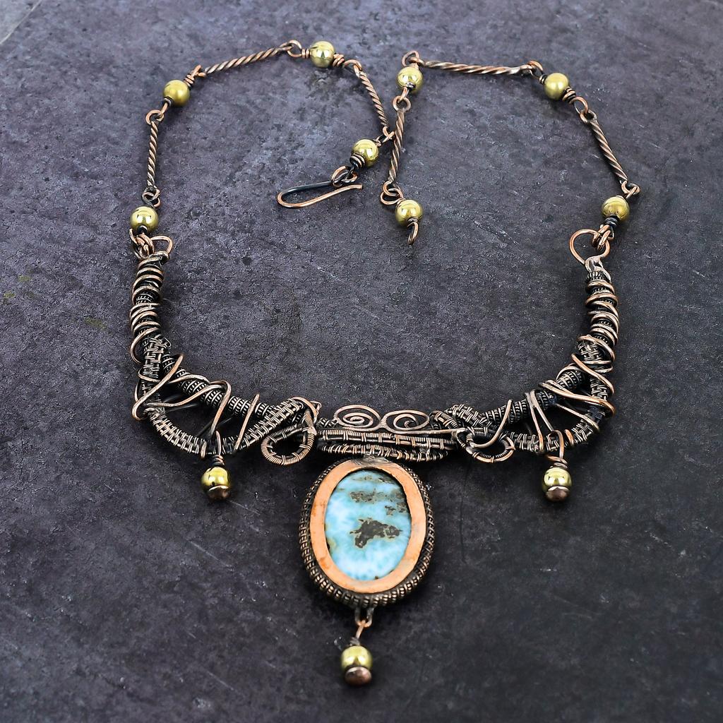 Natural Larimar Gemstone Handmade Copper Wire Wrap Jewelry Necklace 18" P1V09