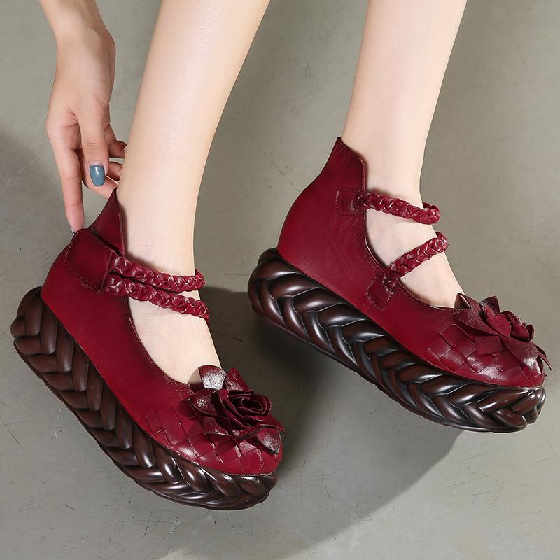 Fashion GKTINOO Women Leather High Heels Wedge Shoes Flower 2025 Autumn Pumps Women Genuine Leather Handmade Mary Jane Pumps Platform