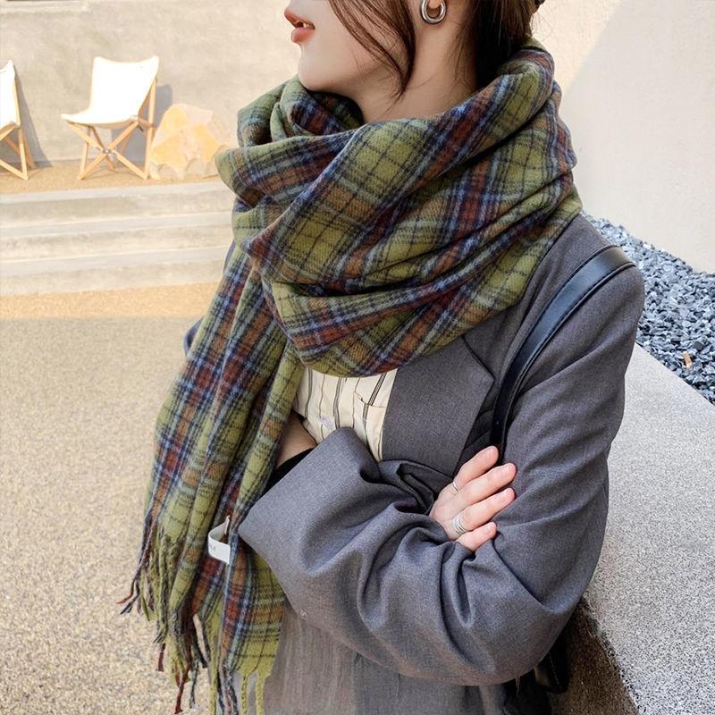 Green Plaid Scarf for Men and Women Winter High End Ins Style Student Korean Version Cute Versatile Shawl for Women