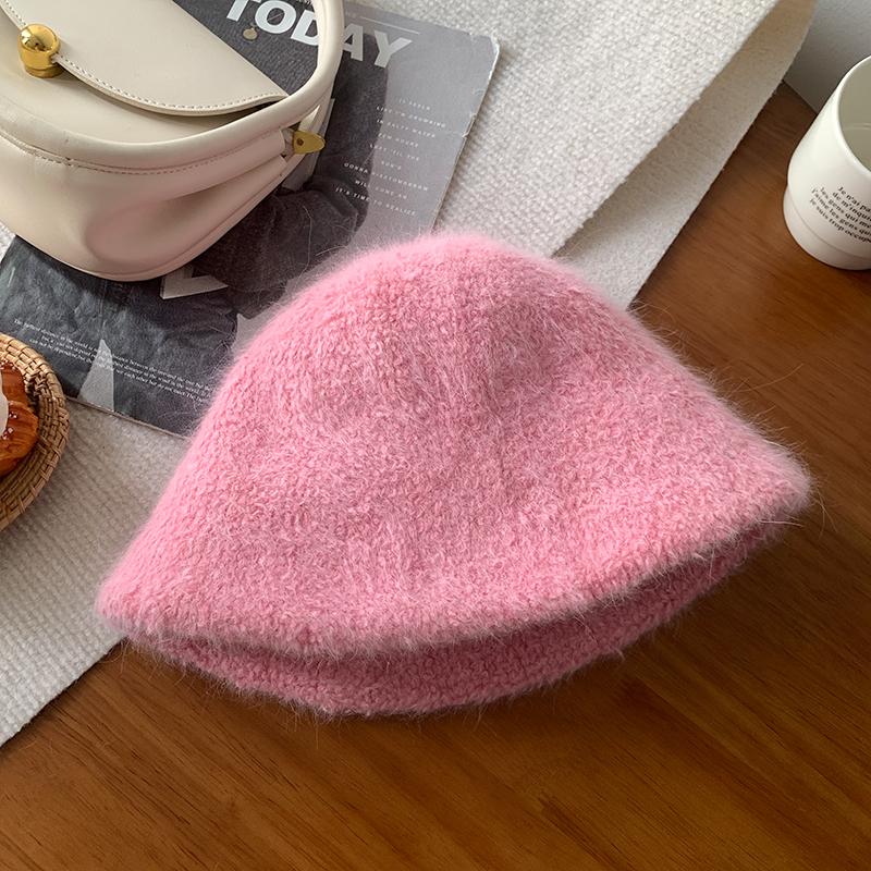 Weißer gestrickter Kaninchenfell-Bucket-Hat für Damen, neu für Herbst und Winter, großer Kopfumfang, Beckenhut, hochwertiges Gefühl, Hut für ein kleines Gesicht