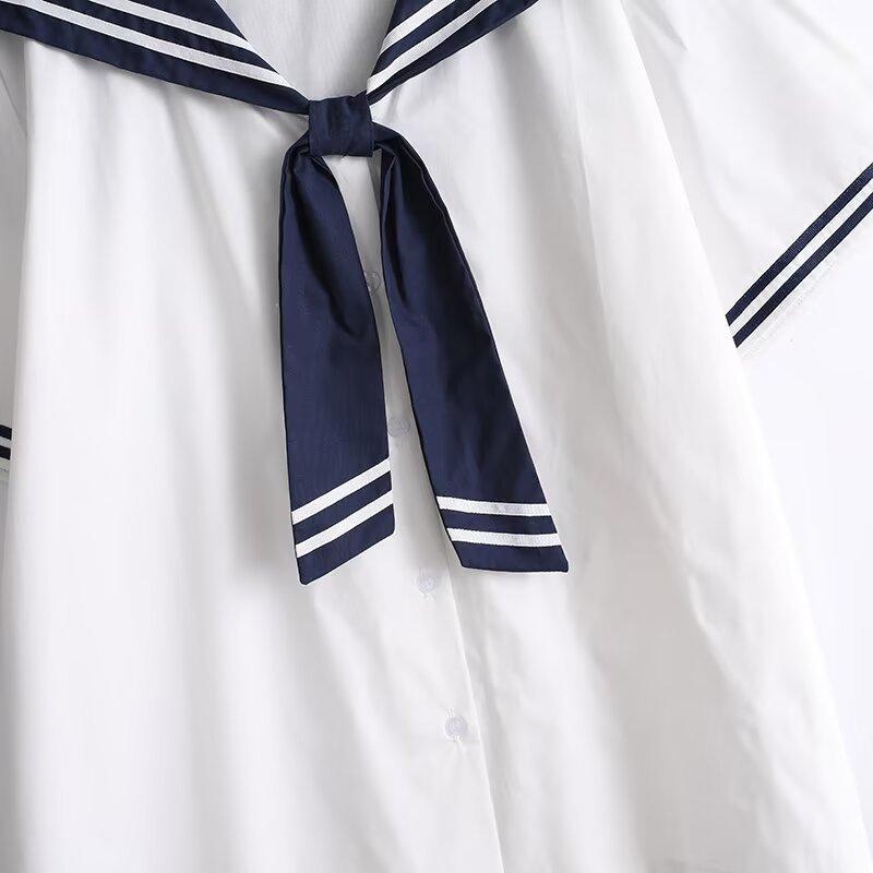 Blusas de Algodón de Alta Calidad para Mujer Verano Kawaii Camisas Harajuku Cuello Marinero Blusa Azul Marino Manga Corta Rayada JK Universitaria Chic Top