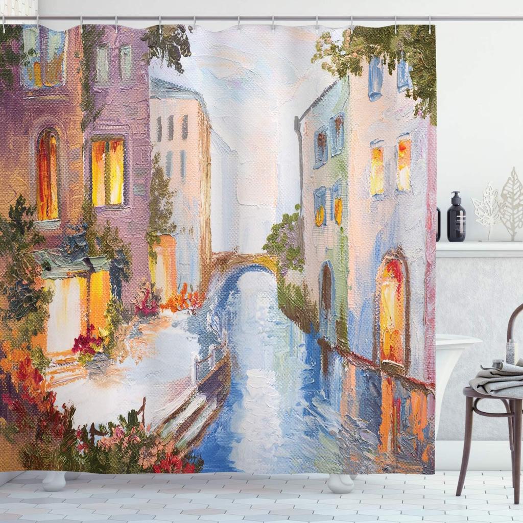 Venice Canal Shower Curtain with Hooks – Oil Painting Style, Vintage Houses & Waterway, Italian Cityscape Bathroom Decor
