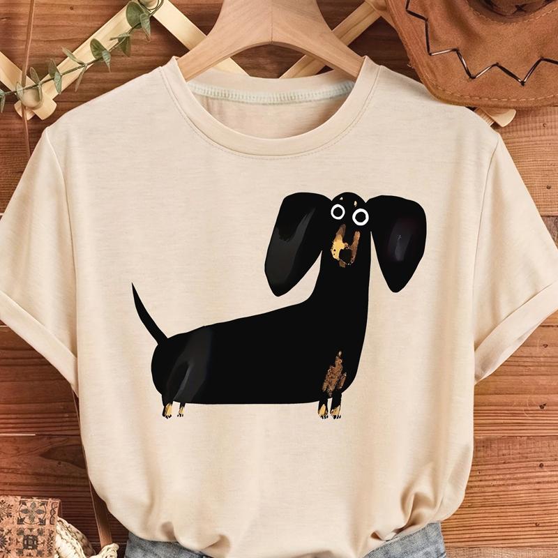 Cute Black Sausage Dog Funny Printed Women's T-shirt Short Sleeve Crew Neck Top for Summer Women's Harajuku Casual Clothing