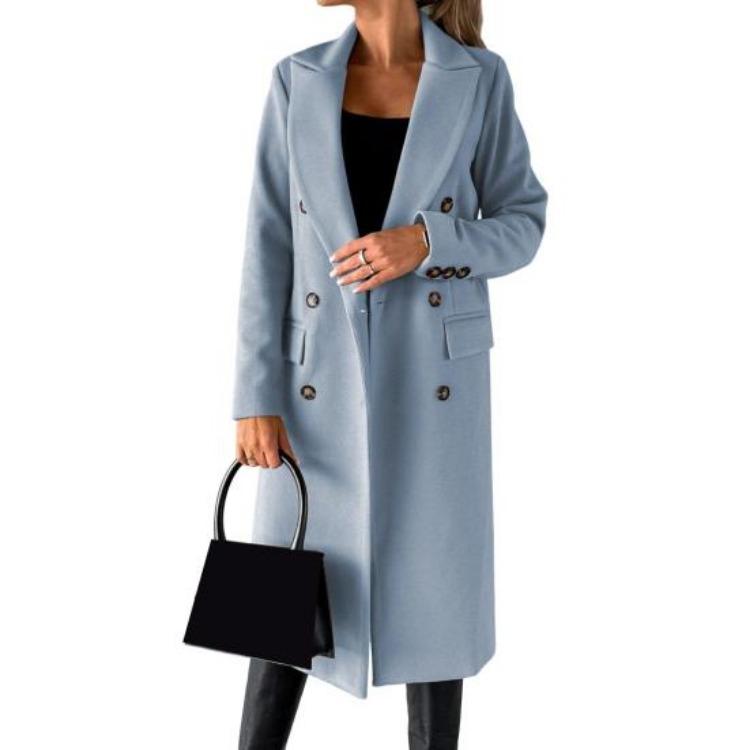 Women Thermal Woolen Overcoat Mid Length Double Breasted Turn Down Collar Solid Color Long Sleeved Jacket for Commuting Dating Spring Fall and Winter