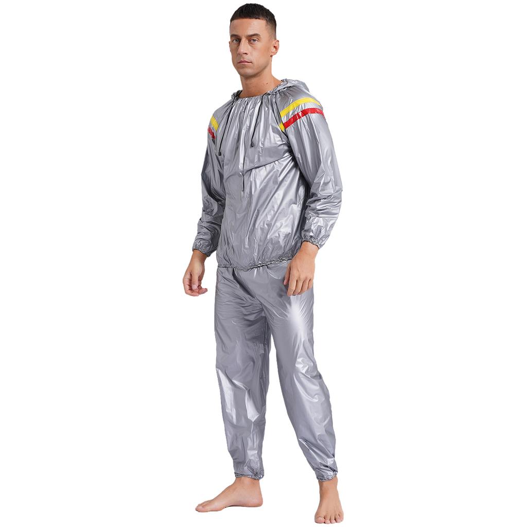 S-4XL Tuta da Sauna Sudorazione Uomo Manica Lunga Giacca con Cappuccio con Pantaloni a Vita Elastica PVC Allenamento Palestra Outfit