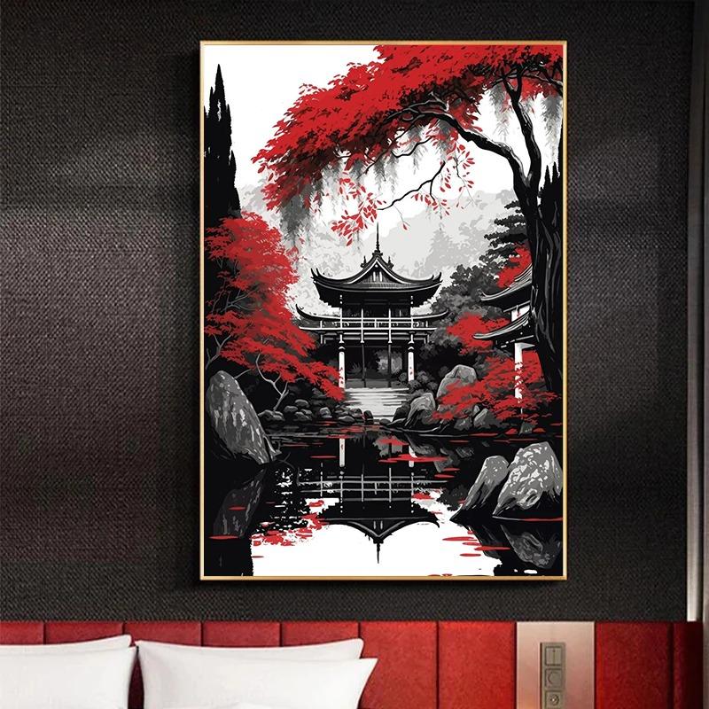 Japanische Naturlandschaft Poster Drucke Abstrakt Roter Baum Und Pavillon Landschaft Leinwandmalerei Wandkunst Für Wohnzimmerdekor