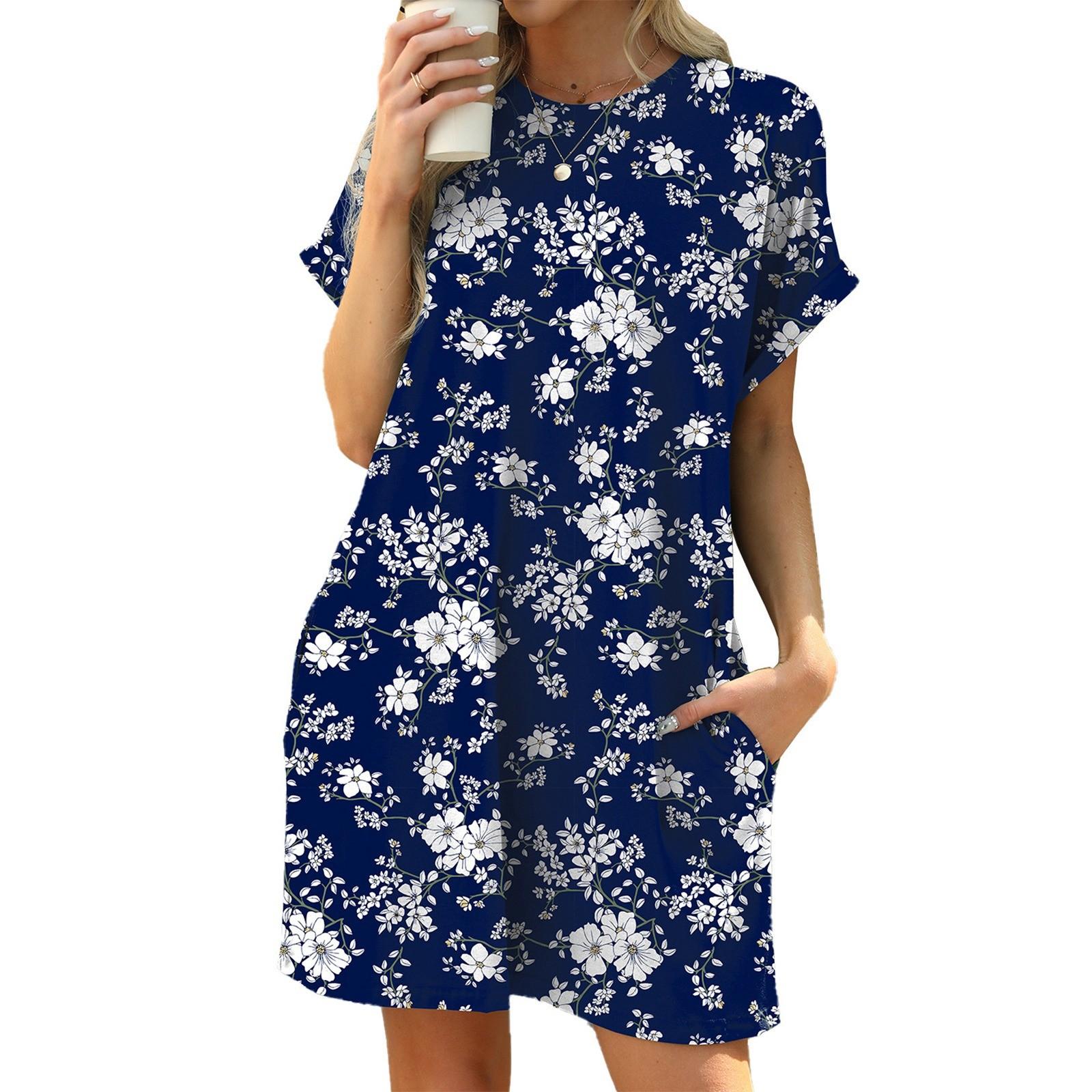 

Women s Fashionable Floral Printed Round Neck Pocket Loose Short Sleeved Dress M Темно-синій