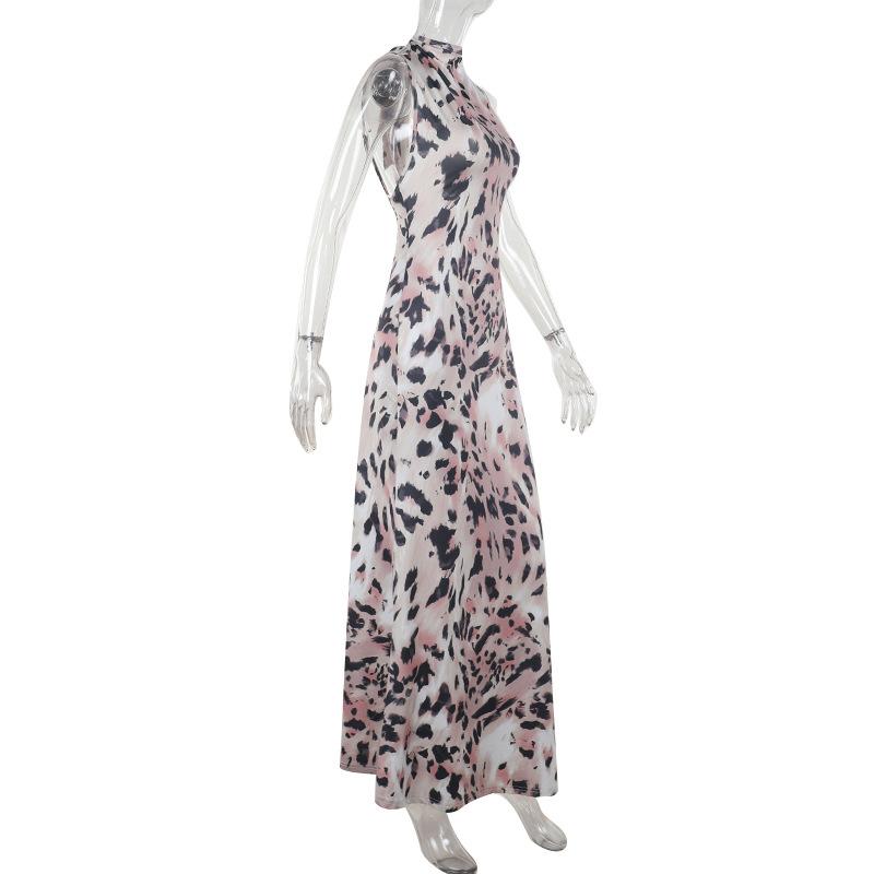 Autumn Dress Women's Elegance Slim Leopard Print High Neck Halter Dress