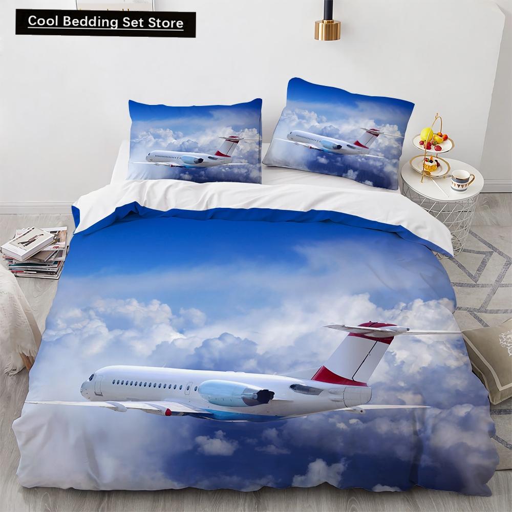 3D Airplane King Queen Duvet Cover Pink Airliner Bedding Set for Adults Sky Sea Natural Landscape 2/3pcs Polyester Quilt Cover